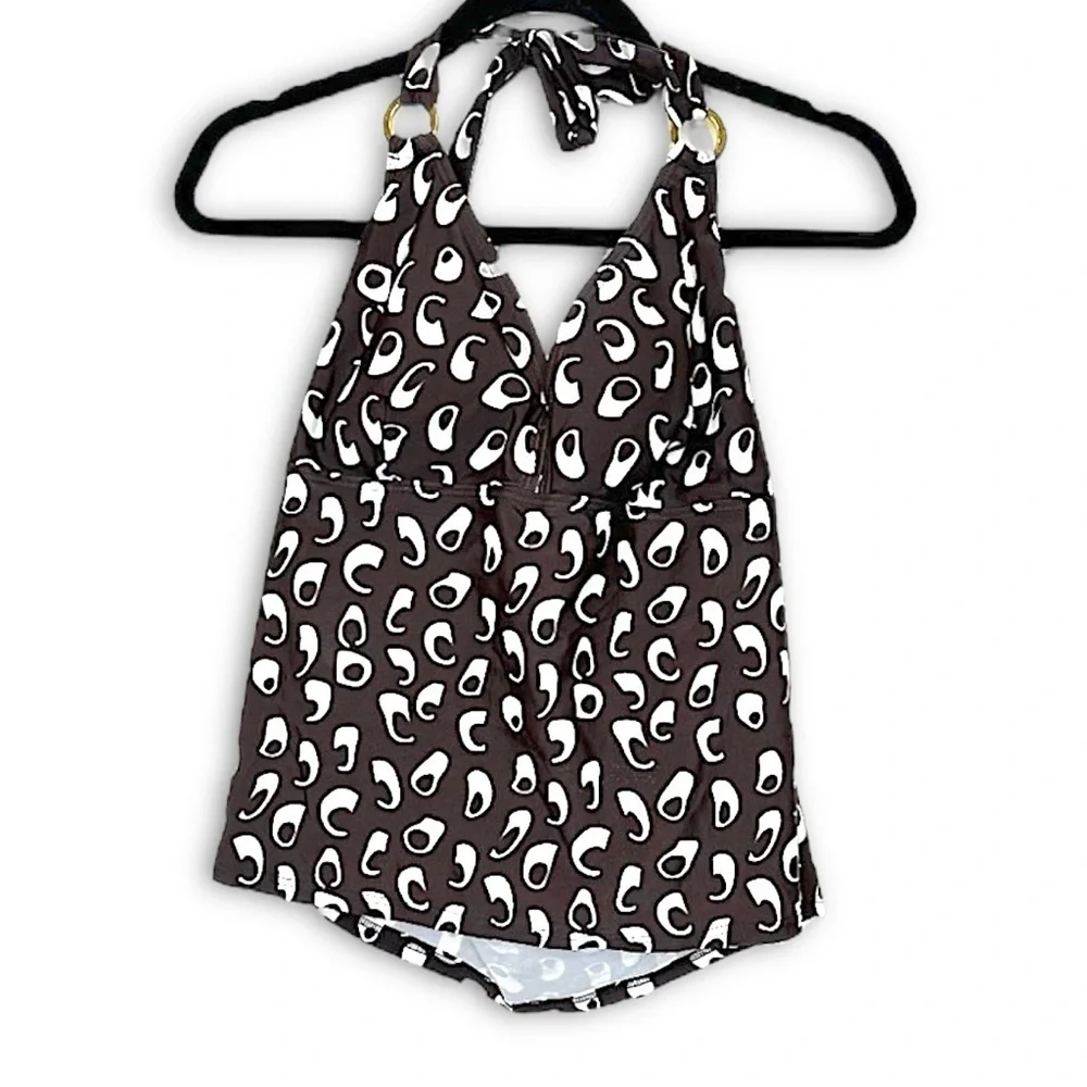 Vintage Y2K Silhouette Solutions Halter Tankini Top Brown & White Abstract Print